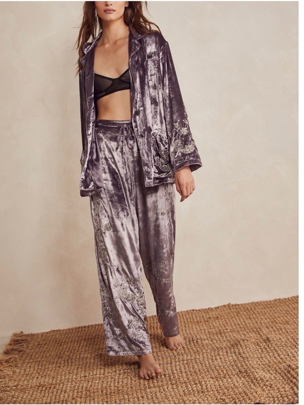 Free People Very RARE Crushed Velvet Pajama Set - Lilac Silver Gray
